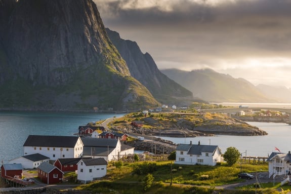panoramic-view-of-lofoten-islands-in-norway-with-sunset-scenic-picture-id853879480