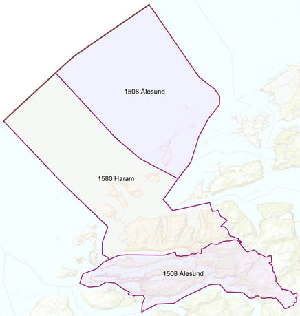 Illustrasjonskart med ny kommunegrense mellom &Aring;lesund og Haram fra 2024